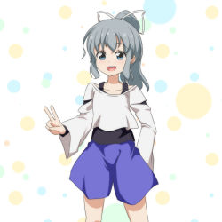 Rule 34 | 1girl, :d, adapted costume, baggy shorts, blue eyes, cato (monocatienus), collarbone, cowboy shot, grey hair, hair ribbon, long hair, looking at viewer, mononobe no futo, open mouth, ponytail, ribbon, shorts, simple background, smile, solo, tank top, touhou, v, wide sleeves