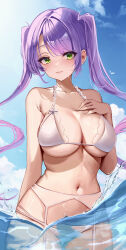 Rule 34 | 1girl, absurdres, alternate breast size, bikini, blue sky, blush, breasts, cloud, frilled bikini, frills, garter straps, green eyes, hand on own chest, highres, hololive, large breasts, long hair, looking at viewer, multicolored hair, navel, open mouth, pink hair, purple hair, sky, smile, solo, streaked hair, swimsuit, thighhighs, tokoyami towa, twintails, virtual youtuber, wading, water, wet, white bikini, white garter straps, white thighhighs, ya ta