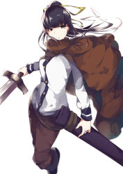 Rule 34 | 1girl, black eyes, black hair, cape, long hair, minari (haib), narberal gamma, overlord (maruyama), ponytail, simple background, solo, sword, unsheathed, weapon