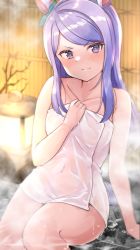 Rule 34 | 1girl, angry, animal ears, bare shoulders, bath, blush, bow, closed mouth, collarbone, covered navel, ear ornament, ear ribbon, embarrassed, holding, holding towel, horse ears, horse girl, horse tail, long hair, looking at viewer, mejiro mcqueen (umamusume), naked towel, onsen, purple eyes, purple hair, see-through, shiitake taishi, silver hair, sitting, solo, steam, swept bangs, tail, towel, umamusume, wet towel, white towel