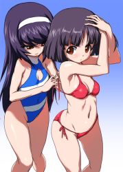 Rule 34 | 2girls, angry, bikini, black hair, blue background, blue one-piece swimsuit, blunt bangs, blush, bob cut, breasts, brown eyes, cleavage, cleavage cutout, closed mouth, clothing cutout, commentary request, covered navel, dressing another, frown, gemu555, girls und panzer, glaring, gradient background, grimace, hairband, halterneck, hands on own head, highleg, highleg swimsuit, long hair, looking at another, looking back, multiple girls, navel, one-piece swimsuit, red bikini, reizei mako, short hair, side-tie bikini bottom, small breasts, sono midoriko, standing, string bikini, swimsuit, thigh gap, thighs, tying, untied bikini, white hairband