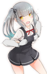Rule 34 | 10s, 1girl, blush, comah, commentary request, dress, grabbing, grabbing from behind, grey hair, groping, hair ornament, hair ribbon, kantai collection, kasumi (kancolle), long hair, open mouth, pinafore dress, pleated dress, pleated skirt, remodel (kantai collection), ribbon, school uniform, side ponytail, skirt, sleeveless dress, solo focus, suspenders, tears, yellow eyes