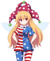 Rule 34 | 1girl, absurdres, american flag dress, american flag legwear, blonde hair, blue dress, blue pantyhose, clownpiece, cowboy shot, dress, fairy wings, hair between eyes, hands on own hips, hat, highres, jester cap, long hair, looking at viewer, neck ruff, pantyhose, polka dot, polka dot headwear, purple hat, red dress, red eyes, red pantyhose, rizento, short dress, short sleeves, simple background, solo, star (symbol), star print, striped clothes, striped dress, striped pantyhose, touhou, very long hair, white background, white dress, white pantyhose, wings