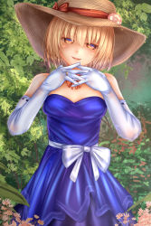Rule 34 | bare shoulders, blonde hair, blue dress, blush, bow, bush, commentary request, cowboy shot, dress, elbow gloves, finger to own chin, fingers together, flower, gloves, hair between eyes, hat, hat flower, hat ribbon, head tilt, highres, jewelry, kana anaberal, leaf, neck ribbon, orange eyes, parted lips, red ribbon, ribbon, ribbon trim, ring, short hair, shounen (hogehoge), smile, strapless, strapless dress, sun hat, touhou, touhou (pc-98), tree, white bow, white gloves
