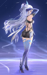 Rule 34 | 1girl, absurdres, ass, back, bare shoulders, breasts, closed mouth, commentary, dealesis, detached sleeves, dress, english commentary, expressionless, full body, genshin impact, gradient gloves, grey hair, hair ornament, highres, long hair, looking at viewer, medium breasts, pink eyes, purple sleeves, skirk (genshin impact), solo, standing, very long hair