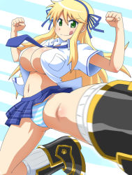 Rule 34 | 10s, 1girl, :p, blonde hair, blue necktie, blush, boots, breasts, cleavage, goriate, green eyes, hair ribbon, hairband, katsuragi (senran kagura), kicking, large breasts, long hair, necktie, open clothes, panties, pantyshot, ribbon, school uniform, senran kagura, skirt, socks, solo, striped clothes, striped panties, tongue, tongue out, underwear, upskirt