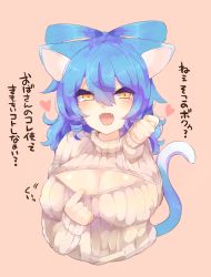 Rule 34 | 1girl, alternate costume, alternate eye color, animal ears, bad id, bad pixiv id, blue hair, breasts, cat ears, cat tail, cleavage, cleavage cutout, clothing cutout, collar tug, come hither, fangs, fig sign, hair between eyes, hair rings, heart, highres, kaenuco, kaku seiga, kemonomimi mode, large breasts, long sleeves, looking at viewer, meme attire, open-chest sweater, open mouth, orange background, ribbed sweater, simple background, smile, solo, sweater, tail, touhou, translated, upper body, yellow eyes