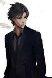 Rule 34 | 1boy, black eyes, black hair, chimachi, cigarette, coat, copyright name, emiya kiritsugu, facial hair, fate/stay night, fate/zero, fate (series), formal, highres, male focus, necktie, simple background, smoke, solo, stubble, suit, trench coat, white background