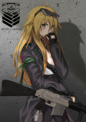 Rule 34 | 1girl, automatic rifle, black gloves, black jacket, blonde hair, blush, brown scarf, covering own mouth, eyewear on head, feet out of frame, fingerless gloves, flatbox, girls&#039; frontline, gloves, green eyes, griffin &amp; kryuger, gun, highres, holding, holding gun, holding weapon, jacket, long hair, looking at viewer, m1918 (girls&#039; frontline), m1918 (mod3) (girls&#039; frontline), m1918 bar, machine gun, mod3 (girls&#039; frontline), open clothes, open jacket, scarf, simple background, solo, standing, sunglasses, wall, weapon