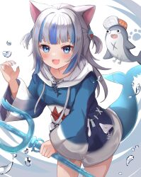 Rule 34 | 1girl, :d, absurdres, animal ears, bloop (gawr gura), blue eyes, blue hair, blue hoodie, blue nails, blunt bangs, blush, cat ears, claw pose, fins, fish tail, gawr gura, gawr gura (1st costume), grey hair, hair ornament, highres, holding, holding weapon, hololive, hololive english, hood, hood down, hoodie, long hair, long sleeves, looking at viewer, multicolored hair, nail polish, nekopurin (nyanko prin), no pants, open mouth, polearm, shark hair ornament, shark tail, sharp teeth, smile, solo, streaked hair, tail, teeth, transparent background, trident, two side up, upper teeth only, virtual youtuber, wand, weapon, wide sleeves