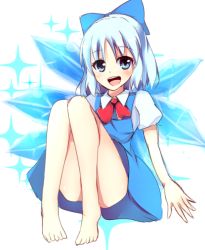 Rule 34 | 1girl, :d, barefoot, blue eyes, blue hair, blush, bow, cirno, convenient leg, hair bow, ice, ice wings, legs, looking at viewer, matching hair/eyes, merxkialis, open mouth, short hair, sitting, sketch, smile, solo, sparkle, teeth, touhou, upskirt, wings