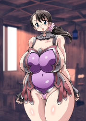Rule 34 | 1girl, apron, armor, bar (place), blue eyes, breasts, brown hair, cattleya (queen&#039;s blade), chair, covered erect nipples, curvy, female focus, fingerless gloves, flower, glasses, gloves, hair ornament, hip focus, housewife, huge breasts, indoors, kawamoto hiroshi, mature female, open mouth, panties, plump, ponytail, queen&#039;s blade, sideboob, solo, standing, table, thick thighs, thighs, underwear, wide hips, window