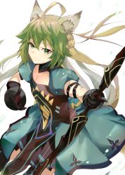 Rule 34 | 1girl, absurdres, ahoge, animal ears, atalanta (fate), blonde hair, bow (weapon), cat ears, dress, fate/apocrypha, fate (series), gauntlets, green hair, highres, holding, holding bow (weapon), holding weapon, long hair, multicolored hair, puffy short sleeves, puffy sleeves, same (sendai623), short sleeves, simple background, solo, two-tone hair, weapon, white background