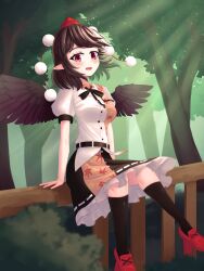 Rule 34 | 1girl, :d, bird wings, black hair, black skirt, black socks, black wings, breasts, commentary, english commentary, forest, frilled skirt, frills, geta, hat, high heels, highres, looking at viewer, medium breasts, nature, open mouth, outdoors, pom pom (clothes), purple eyes, pygrenix, red footwear, red hat, ribbon-trimmed skirt, ribbon trim, shameimaru aya, shirt, short hair, short sleeves, sitting, skirt, smile, socks, solo, tengu-geta, touhou, white shirt, wings