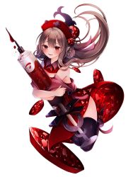 Rule 34 | 1girl, black pudding (food fantasy), brown hair, dress, food fantasy, full body, high heels, highres, kuro namako, long hair, looking at viewer, official art, pale skin, pointy ears, red eyes, second-party source, solo, syringe, thick thighs, thighhighs, thighs, transparent background