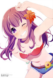 Rule 34 | 1girl, absurdres, arm up, armpits, bikini, bikini top only, blush, breasts, cleavage, collarbone, cowboy shot, flower, girlish number, hair flower, hair ornament, hand on own hip, highres, karasuma chitose, karasuma chitose (girlish number), kinoshita sumie, leaning forward, long hair, looking at viewer, megami magazine, navel, non-web source, one eye closed, purple eyes, purple hair, shorts, small breasts, smile, solo, standing, swimsuit, white background