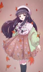 Rule 34 | 1girl, absurdres, autumn leaves, black hair, black socks, blue eyes, brown background, cardcaptor sakura, cardigan, check commentary, commentary, commentary request, daidouji tomoyo, floral print, green cardigan, hat, highres, lolita fashion, long hair, looking at viewer, open cardigan, open clothes, open mouth, pink shirt, shirt, simple background, socks, solo, sweet lolita, very long hair, white hat, yubeshi galette