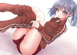 Rule 34 | 1girl, absurdres, ass, blush, brown eyes, buruma, closed mouth, feet out of frame, grey hair, highres, jacket, jersey, kantai collection, long sleeves, makura (y makura), ooshio (kancolle), pants, red buruma, red jacket, red pants, short hair, solo, thighs, track jacket, twintails