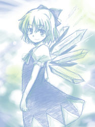 Rule 34 | 1girl, bad id, bad pixiv id, blue dress, blue eyes, blue hair, blue theme, blush, cirno, dress, ice, ice wings, kuronoa, looking at viewer, matching hair/eyes, puffy short sleeves, puffy sleeves, short hair, short sleeves, smile, solo, standing, embodiment of scarlet devil, touhou, tsukikage noa, wings