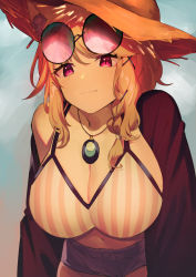 Rule 34 | 1girl, absurdres, animal ear fluff, animal ears, arknights, blue background, braid, breasts, brown hat, cleavage, closed mouth, collarbone, commentary request, eyewear on head, fang, gradient background, grey background, hat, hati105, highres, jewelry, large breasts, light smile, long hair, looking at viewer, necklace, official alternate costume, orange hair, pink eyes, round eyewear, shorts, side braid, simple background, single braid, skin fang, solo, sunglasses, swimsuit cover-up, upper body, utage (arknights), utage (summer flowers) (arknights)