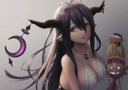Rule 34 | 10s, 1girl, :o, antenna hair, backlighting, bandaged arm, bandages, bare shoulders, black gloves, breasts, cleavage, collarbone, crescent, danua, doll, draph, dress, fingerless gloves, gloves, grabbing another&#039;s hair, gradient background, granblue fantasy, gretel (granblue fantasy), hair between eyes, holding, horn ornament, horns, jewelry, large breasts, long hair, looking away, looking to the side, necklace, open mouth, pointy ears, purple hair, red eyes, single glove, solo, stuffed toy, t@kuyoa, upper body, white dress