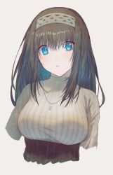 Rule 34 | 1girl, absurdres, aqua eyes, arms at sides, bad id, bad pixiv id, black hair, blush, breasts, cropped arms, cropped torso, eyes visible through hair, grey background, grey hairband, hairband, head tilt, highres, idolmaster, idolmaster cinderella girls, jewelry, large breasts, long hair, long sleeves, looking at viewer, necklace, parted lips, pendant, ribbed sweater, sagisawa fumika, shirt, simple background, solo, straight hair, sweater, taut clothes, taut shirt, upper body, white sweater, yomizu