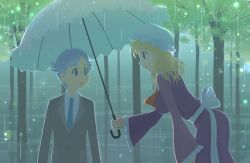 Rule 34 | 1boy, 1girl, ascot, backlighting, bad id, bad pixiv id, blonde hair, blue eyes, blue hair, blue necktie, blush, breasts, character request, creatures (company), dress, fog, forgotten artist, formal, frilled sleeves, frills, game freak, hat, height difference, holding, holding umbrella, leaning forward, light particles, long hair, long sleeves, looking at another, maribel hearn, mob cap, necktie, night, nintendo, open mouth, pokemon, purple dress, purple eyes, rain, short hair, smile, suit, touhou, tree, umbrella, water drop