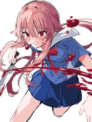 Rule 34 | 1girl, bad id, bad twitter id, blood, bloody knife, blue shirt, blue skirt, blush, breasts, gasai yuno, grin, hair between eyes, hair flaps, highres, holding, holding knife, inuyayo, knife, mirai nikki, pink hair, red eyes, red neckwear, shirt, short hair with long locks, short sleeves, sidelocks, simple background, sketch, skirt, small breasts, smile, solo, white background