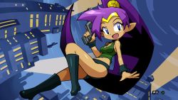 Rule 34 | 1girl, alternate costume, blue eyes, boots, breasts, building, city, cleavage, cosplay, dark-skinned female, dark skin, female focus, gun, handgun, highres, midriff, mighty switch force!, navel, open mouth, patricia wagon (cosplay), pistol, pointy ears, ponytail, purple hair, shantae, shantae (series), short shorts, shorts, sky, smile, solo, tank top, weapon, wristband