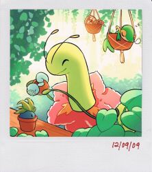 Rule 34 | :d, closed eyes, creatures (company), cup, dated, duplicate, game freak, gen 1 pokemon, gen 2 pokemon, gen 5 pokemon, gen 7 pokemon, holding, holding watering can, looking at another, meganium, nature, nintendo, oddish, open mouth, outdoors, plant, pokemon, pokemon (creature), potted plant, rowlet, sleeping, smile, snivy, squirtle, table, teletelo, watering can, zzz