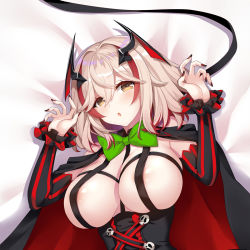 Rule 34 | 1girl, :o, azur lane, black cape, black sleeves, blonde hair, blush, bow, bowtie, breasts, brown eyes, cape, claw pose, corset, covered erect nipples, cross-laced clothes, dakimakura (medium), detached sleeves, embarrassed, fingernails, frilled sleeves, frills, green bow, green bowtie, headgear, kl501, large breasts, light blush, long fingernails, looking at viewer, lying, multicolored hair, nail polish, on bed, open mouth, raised eyebrows, red cape, red hair, red nails, roon (azur lane), roon (muse) (azur lane), short hair, solo, streaked hair, striped, two-sided cape, two-sided fabric, underbust, vertical stripes
