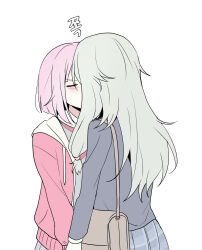 2girls bag black_jacket blush closed_eyes commentary_request green_hair highres hood hoodie jacket kiss korean_commentary korean_text kusanagi_nene kwasobi_w long_hair multiple_girls ootori_emu pink_hair pink_jacket project_sekai short_hair shoulder_bag simple_background translation_request white_background white_hoodie yuri