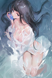 Rule 34 | 1girl, absurdres, black eyes, black hair, breasts, cleavage, collarbone, flower, flower over mouth, from above, grandia lee, highres, holding, holding flower, knees together feet apart, large breasts, long hair, looking at viewer, looking up, original, partially submerged, see-through, shirt, solo, water, wet, wet clothes, white shirt