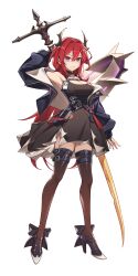 Rule 34 | 1girl, absurdres, arknights, arm behind head, arm up, armpits, belt, belt pouch, black dress, black footwear, black jacket, breasts, brown thighhighs, cleavage, detached collar, dress, full body, hair between eyes, hair intakes, high heels, highres, holding, holding sword, holding weapon, horns, huge weapon, id card, jacket, large breasts, long hair, long sleeves, looking at viewer, multiple belts, off shoulder, open clothes, open jacket, pouch, purple eyes, red hair, short dress, simple background, sleeveless, sleeveless dress, slit pupils, solo, standing, surtr (arknights), sword, thighhighs, very long hair, weapon, white background, yeong r6, zettai ryouiki