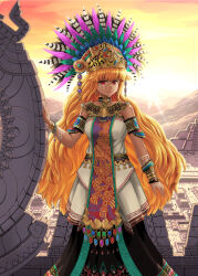 Rule 34 | 1girl, alternate costume, arm up, armlet, aztec, backlighting, bare shoulders, black skirt, blonde hair, bloom, blunt bangs, bracelet, breasts, clothing request, cloud, collar, commentary, dark-skinned female, dark skin, diffraction spikes, dress, drop earrings, earrings, english commentary, facial mark, feathers, feet out of frame, gold trim, hat feather, headdress, highres, jewelry, junko (touhou), large breasts, location request, long hair, looking at viewer, okema, orange sky, overexposure, people, pyramid (structure), red eyes, skirt, sky, smile, solo, standing, straight-on, sun, sunset, tabard, tan, touhou, very long hair, white dress