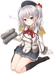 Rule 34 | 10s, 1girl, arm support, bad id, bad pixiv id, beret, binoculars, black socks, breasts, epaulettes, female focus, full body, gloves, grey eyes, hat, heart, kantai collection, kashima (kancolle), kneehighs, large breasts, long hair, long sleeves, looking at viewer, military, military uniform, miniskirt, no shoes, pleated skirt, silver hair, simple background, sitting, skirt, smile, socks, solo, takehana note, tsurime, twintails, uniform, wariza, white background, white gloves