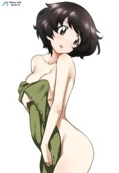 Rule 34 | 1girl, acrux, akiyama yukari, artist name, bad id, bad pixiv id, blush, breasts, brown eyes, brown hair, cleavage, collarbone, derivative work, girls und panzer, groin, looking back, looking to the side, medium breasts, naked towel, nude, open mouth, shiny skin, short hair, simple background, solo, towel, white background