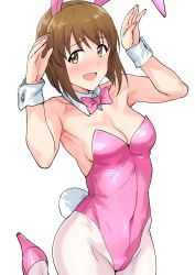 Rule 34 | 1girl, animal ears, bob cut, bow, bowtie, breasts, brown eyes, brown hair, bunny ears pose, cowboy shot, detached collar, fake animal ears, hagiwara yukiho, highres, idolmaster, idolmaster (classic), leotard, looking at viewer, medium breasts, open mouth, pantyhose, pink bow, pink bowtie, pink leotard, playboy bunny, rabbit ears, rabbit pose, rabbit tail, short hair, simple background, smile, solo, strapless, strapless leotard, tail, tsurui, white background, white pantyhose, wrist cuffs
