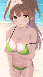 Rule 34 | 1girl, absurdres, arm at side, beach, bikini, blush, breasts, brown eyes, brown hair, cleavage, collarbone, commentary request, cowboy shot, dot nose, green bikini, hand on own arm, highres, idoly pride, large breasts, legs apart, long hair, looking at viewer, mug1 kun, navel, ocean, outdoors, parted lips, shore, side-tie bikini bottom, sidelocks, solo, stomach, strap slip, string bikini, suzumura yuu, swimsuit, thick thighs, thighs, two side up, water