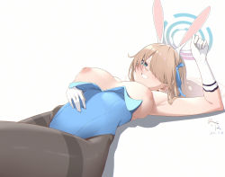 Rule 34 | 1girl, absurdres, animal ears, armpits, asuna (blue archive), asuna (bunny) (blue archive), black pantyhose, blonde hair, blue archive, blue eyes, blue leotard, blue ribbon, blush, breasts, commentary, covered navel, cowboy shot, dated, dongye1551, fake animal ears, gloves, hair between eyes, hair ribbon, halo, highleg, highleg leotard, highres, inverted nipples, large breasts, leotard, leotard pull, long hair, looking at viewer, lying, nipples, on back, pantyhose, parted lips, playboy bunny, rabbit ears, ribbon, signature, simple background, smile, solo, strapless, strapless leotard, thighband pantyhose, white background, white gloves