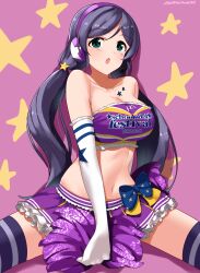 Rule 34 | 1girl, absurdres, black hair, black thighhighs, blush, breasts, cheerleader, cleavage, green eyes, hair ornament, headphones, highres, hiroshi (hunter-of-kct), large breasts, long hair, looking at viewer, love live!, love live! school idol project, midriff, miniskirt, navel, open mouth, pink background, pom pom (cheerleading), simple background, skirt, solo, star (symbol), star hair ornament, strapless, takaramonozu, thighhighs, tojo nozomi, tube top, twintails