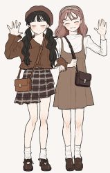 Rule 34 | 2girls, bag, black hair, blush, brown bag, brown dress, brown footwear, brown hair, brown headwear, brown shirt, closed eyes, collared shirt, dress, f ur y, full body, hand up, hat, highres, long hair, long sleeves, multiple girls, original, parted lips, plaid, plaid skirt, shirt, shoelaces, shoes, shoulder bag, simple background, skirt, sleeves past wrists, smile, socks, standing, twintails, white background, white shirt, white socks