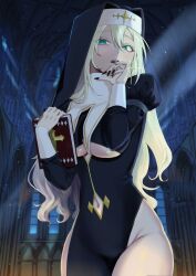 1girl alternate_costume bible_(object) black_nails blonde_hair blush breasts clothing_cutout goddess_of_victory:_nikke green_eyes habit hair_between_eyes hand_to_own_mouth hashita holding large_breasts long_hair nail_polish navel navel_cutout nun pelvic_curtain rupee_(nikke) solo underboob