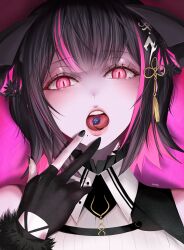 Rule 34 | 1girl, absurdres, aradia ravencroft, black hair, black nails, colored inner hair, demon horns, forked tongue, gloves, highres, hololive, hololive english, horns, jailbird (nerissa ravencroft), kivo, looking at viewer, mole, mole under mouth, multicolored hair, open mouth, partially fingerless gloves, pink eyes, pink hair, slit pupils, solo, tongue, virtual youtuber