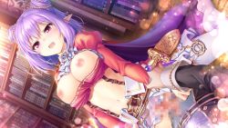 Rule 34 | 1boy, 1girl, blush, bookshelf, breasts, cape, cowgirl position, double bun, dutch angle, game cg, garter straps, girl on top, hair between eyes, hair bun, hair ornament, hetero, holding another&#039;s wrist, indoors, iris mysteria!, large breasts, lens flare, long hair, midriff, mosaic pattern, navel, nipples, official art, open mouth, pointy ears, purple cape, purple hair, red eyes, saliva, saliva trail, sex, stomach, straddling, thighhighs, vaginal, valeria ristie de serbanescu, white thighhighs