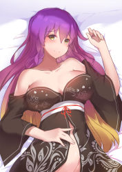 Rule 34 | 1girl, bare shoulders, blonde hair, blush, breasts, breasts apart, cleavage, collarbone, gradient hair, hijiri byakuren, japanese clothes, kimono, large breasts, light smile, long hair, looking at viewer, lying, multicolored hair, no bra, no nose, no panties, off shoulder, on back, open clothes, open kimono, purple hair, repoi, smile, solo, touhou, very long hair, yellow eyes
