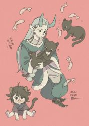 Rule 34 | 2boys, absurdres, aged down, animal ears, aqua horns, barefoot, black footwear, black tail, dated, fengxi (the legend of luoxiaohei), fish, highres, horns, long sleeves, luo xiaohei zhanji, mugi-co, multiple boys, multiple views, pointy ears, short sleeves, wide sleeves, xuhuai (the legend of luoxiaohei)
