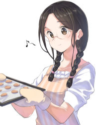 Rule 34 | 1girl, apron, black hair, braid, breasts, brown eyes, closed mouth, collarbone, commentary request, eighth note, glasses, long hair, low twintails, medium breasts, musical note, original, oven mitts, parted bangs, shirt, short sleeves, simple background, smile, solo, striped apron, striped clothes, twin braids, twintails, vertical-striped apron, vertical-striped clothes, white background, white shirt, yuki arare