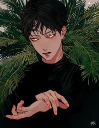 Rule 34 | 1boy, black hair, black shirt, closed mouth, constricted pupils, fingernails, highres, kagoya1219, leaf, long sleeves, looking at viewer, male focus, original, own hands together, plant, shirt, short hair, signature, solo, upper body, very short hair, white eyes