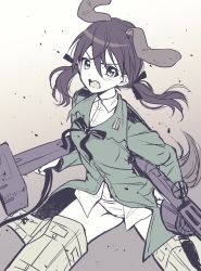 Rule 34 | 1girl, animal ears, bad id, bad pixiv id, black ribbon, breasts, brown background, brown hair, collared shirt, dog ears, dog girl, dog tail, double-drum magazine, drum magazine, eyebrows hidden by hair, general-purpose machine gun, gertrud barkhorn, gradient background, green jacket, gun, hair between eyes, hair ribbon, high-capacity magazine, highres, holding, holding gun, holding weapon, ichiren namiro, jacket, long hair, low twintails, machine gun, magazine (weapon), mg42, navel, neck ribbon, open mouth, panties, ribbon, saddle-drum, shirt, small breasts, solo, strike witches, striker unit, tail, twintails, underwear, v-shaped eyebrows, weapon, white background, white panties, white shirt, world witches series
